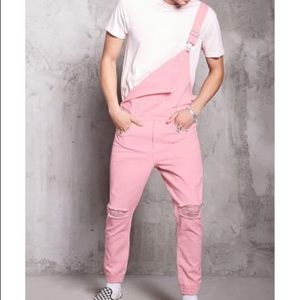 Forever 21 Men’s Pink Distressed Denim Overalls (31)